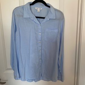 women’s light blue button down blouse